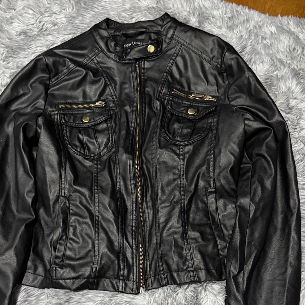 New Look Women's Black Leather Jacket with Gold Accents